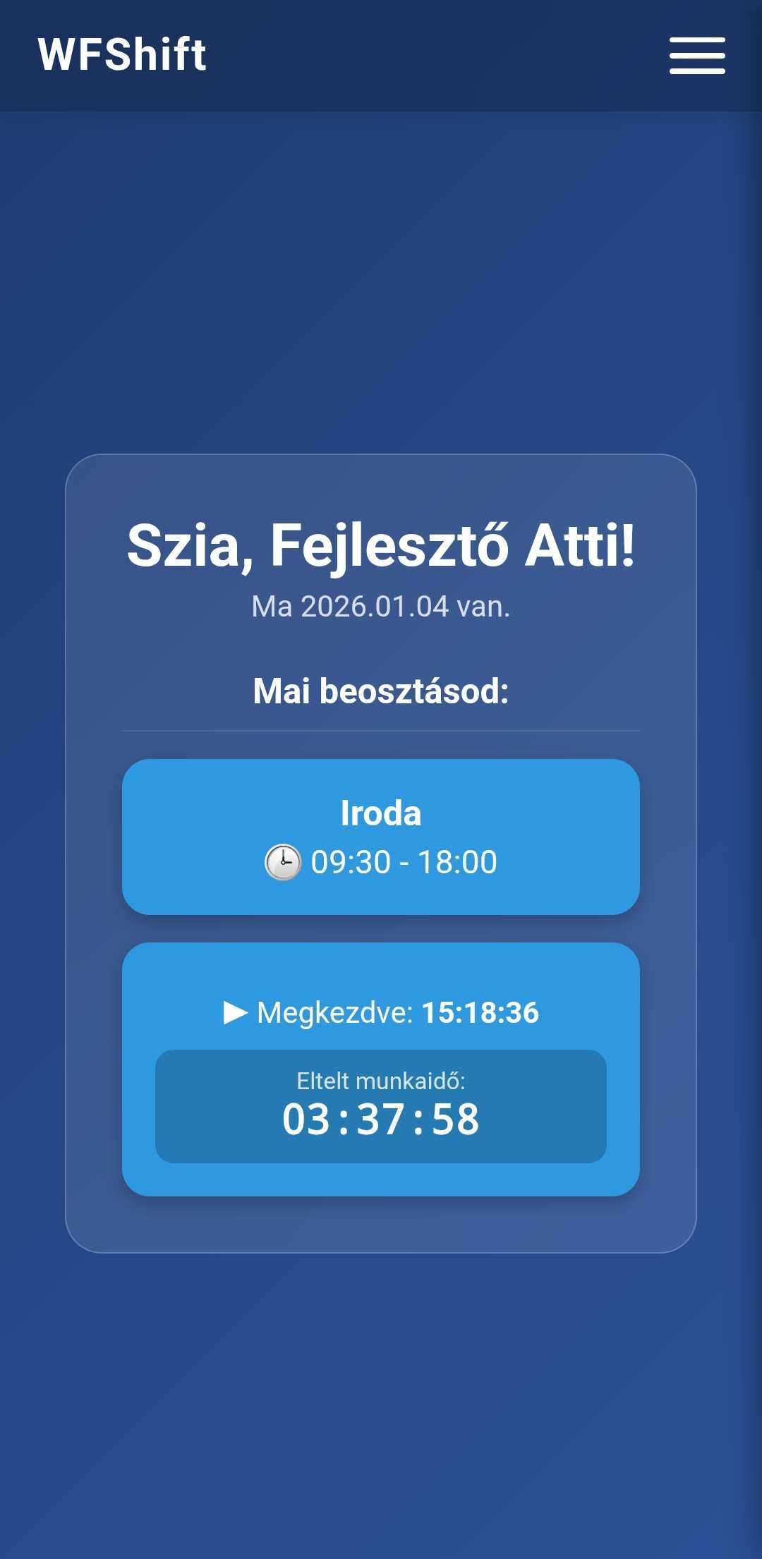 Kezdőlap – mai beosztás és eltelt munkaidő