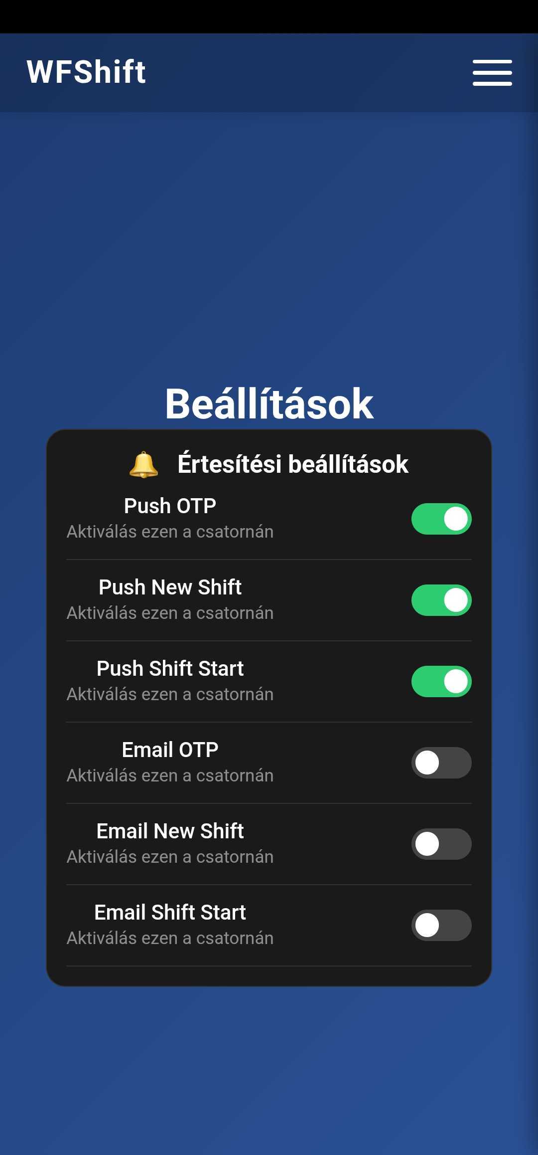 Mobil értesítési beállítások