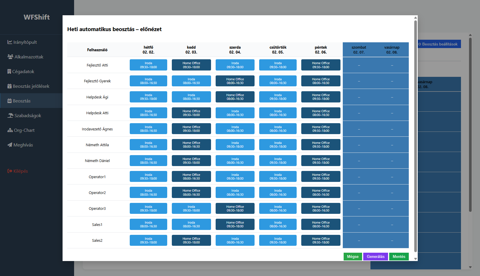 Automatikus beosztás előnézet