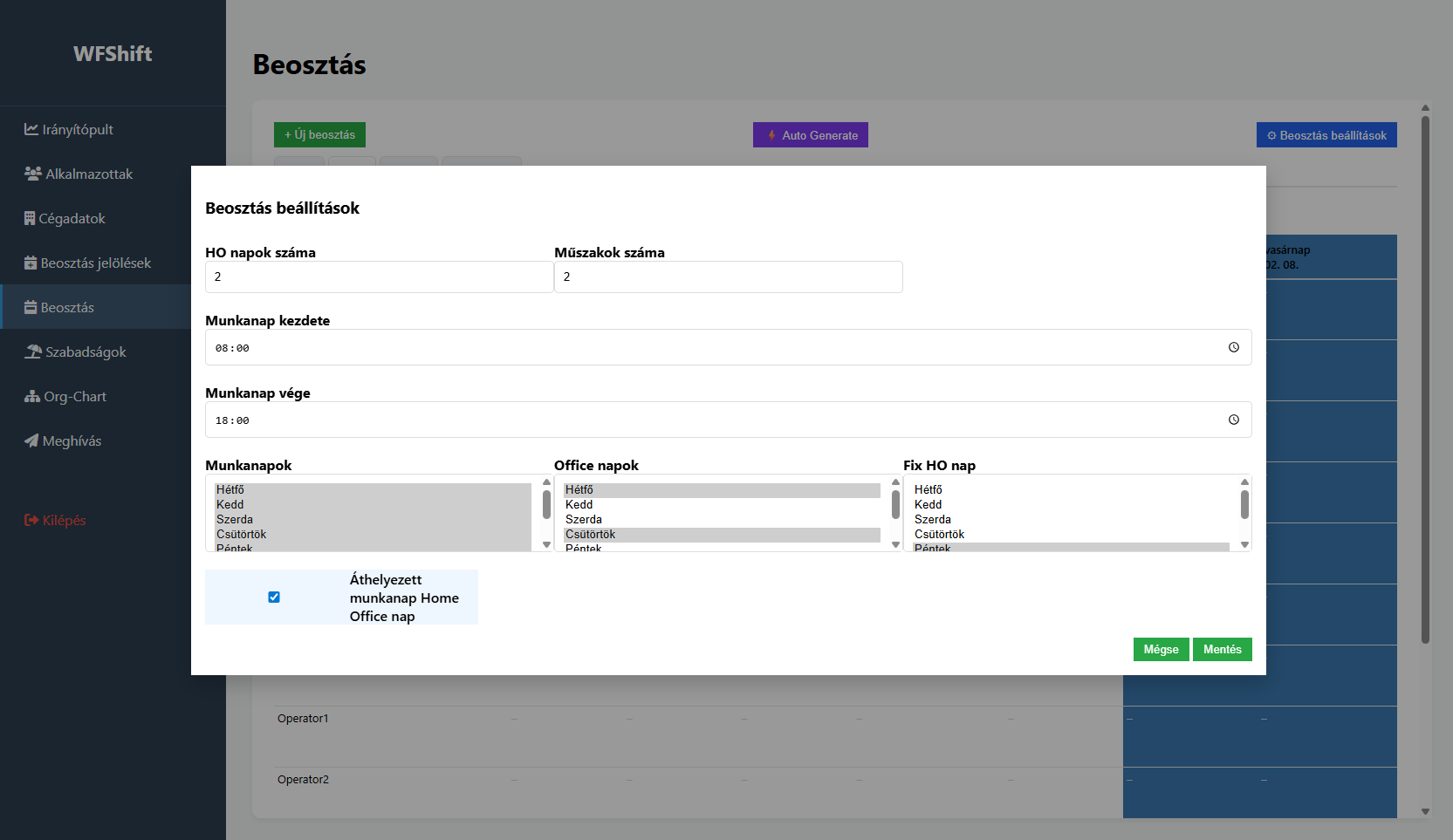 Beosztás beállítások