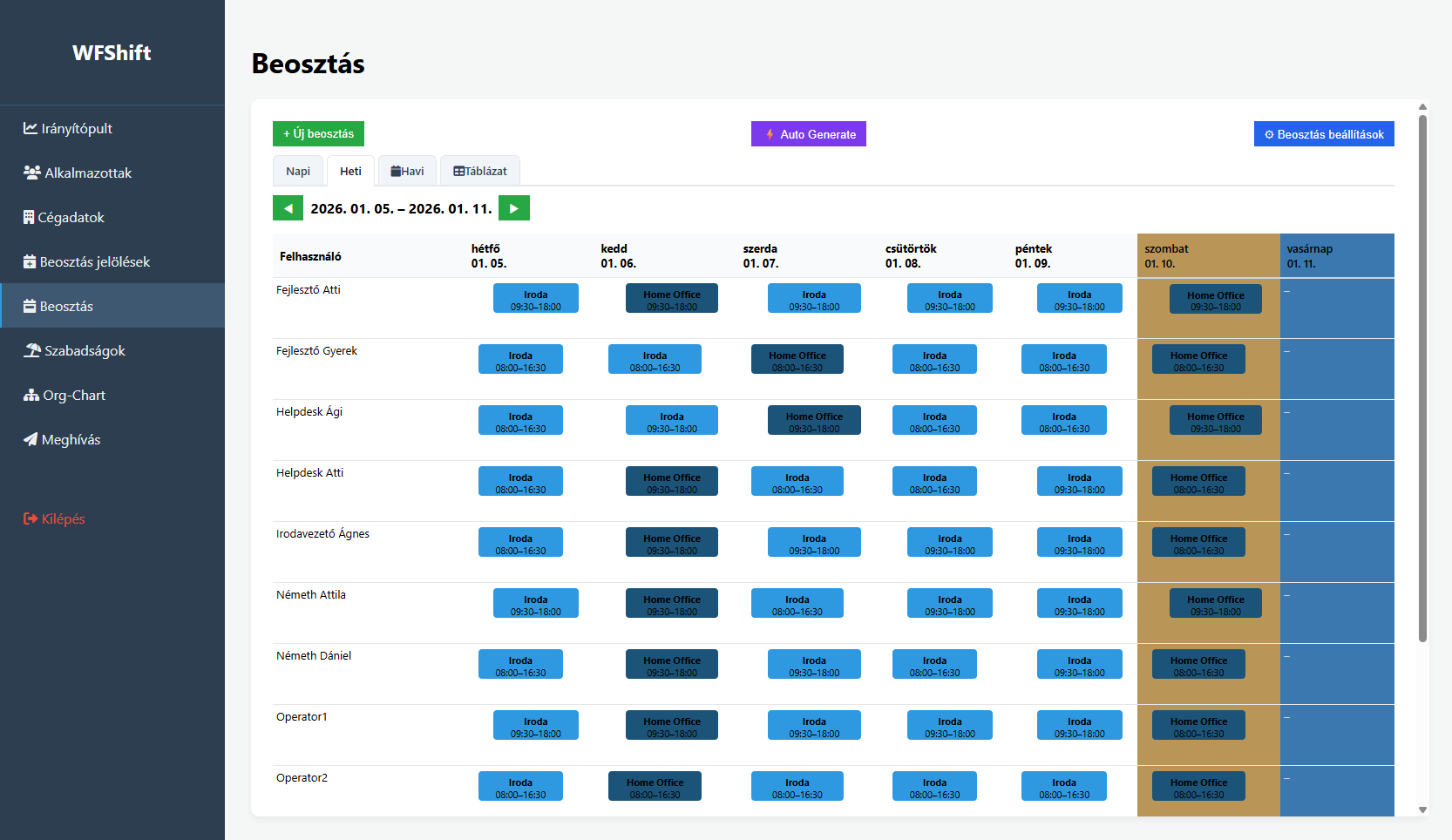 Heti beosztás nézet