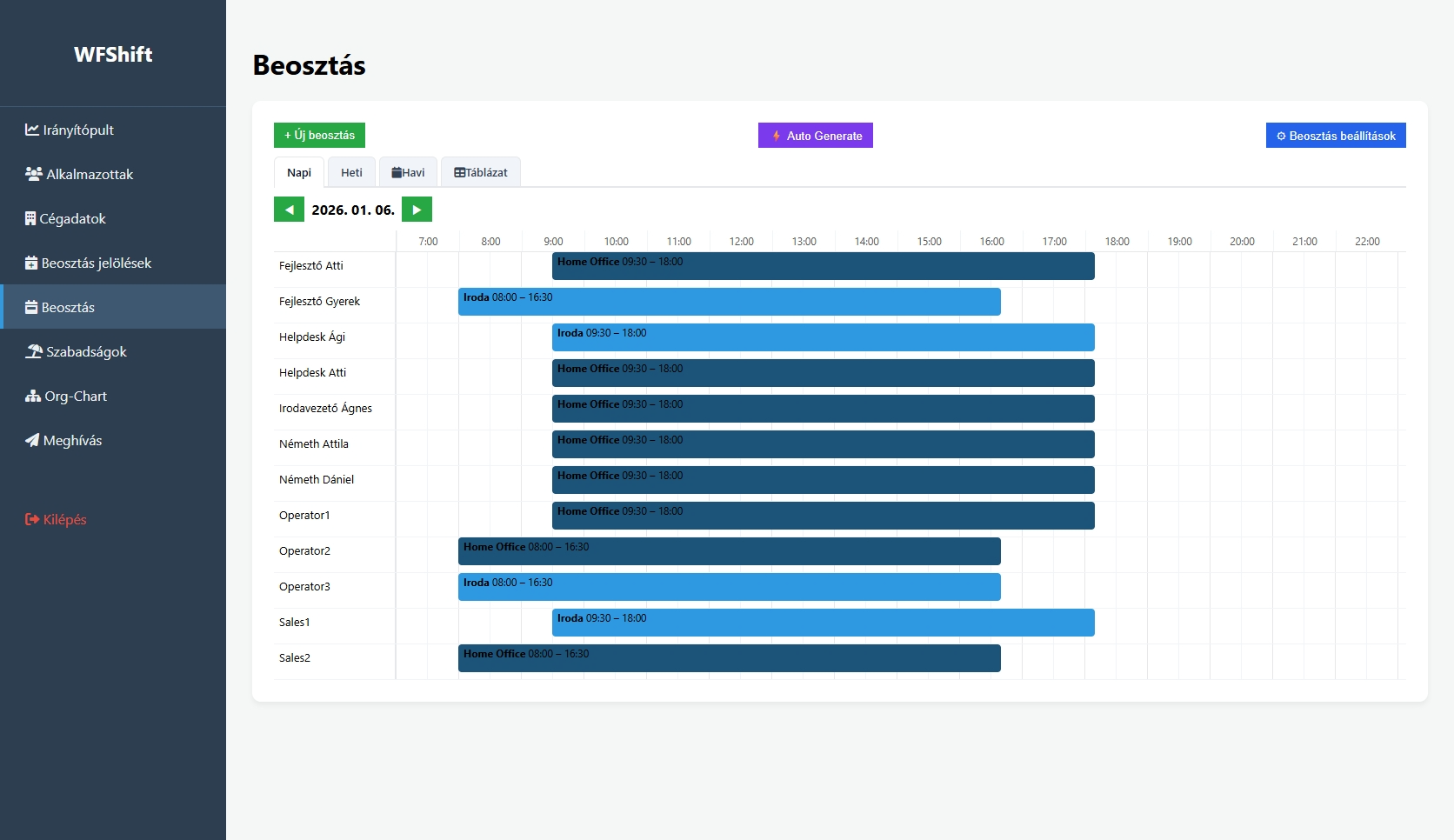 Napi beosztás nézet